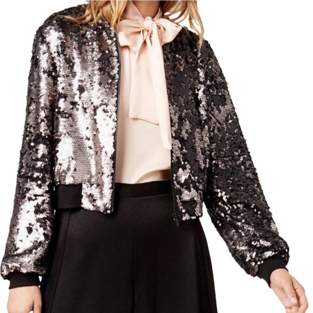 1.State Silver Black Sequined Bomber Jacket Small
